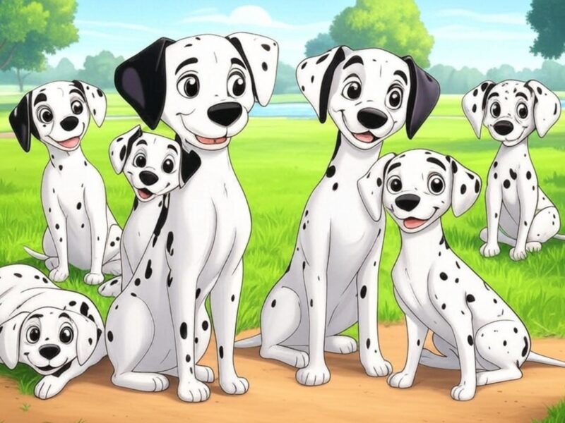 Group of animated Dalmatian dogs, adults and puppies, gathered on a grassy path in a sunny park setting