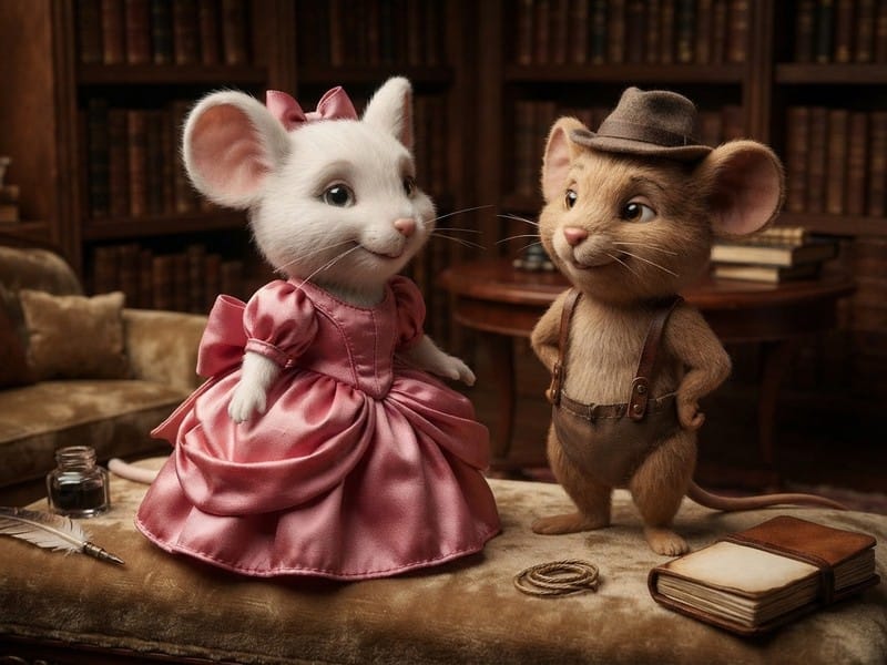 Two anthropomorphic mice in miniature clothes, one in a pink dress and the other in a fedora and suspenders, stand near an inkwell, quill, and small book with a library in the background.
