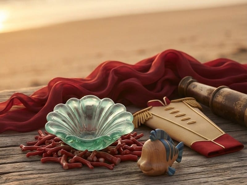 A light green glass shell bowl, miniature military jacket, wooden fish figurine, telescope, and draped red fabric arranged on a wooden board at a beach.